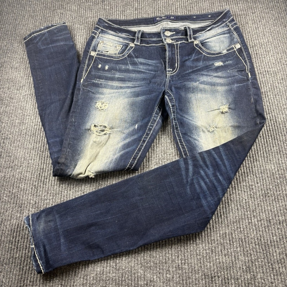 Miss Me Women's 29 Low Rise Skinny Jeans Distressed Stretch Medium Wash 29x30